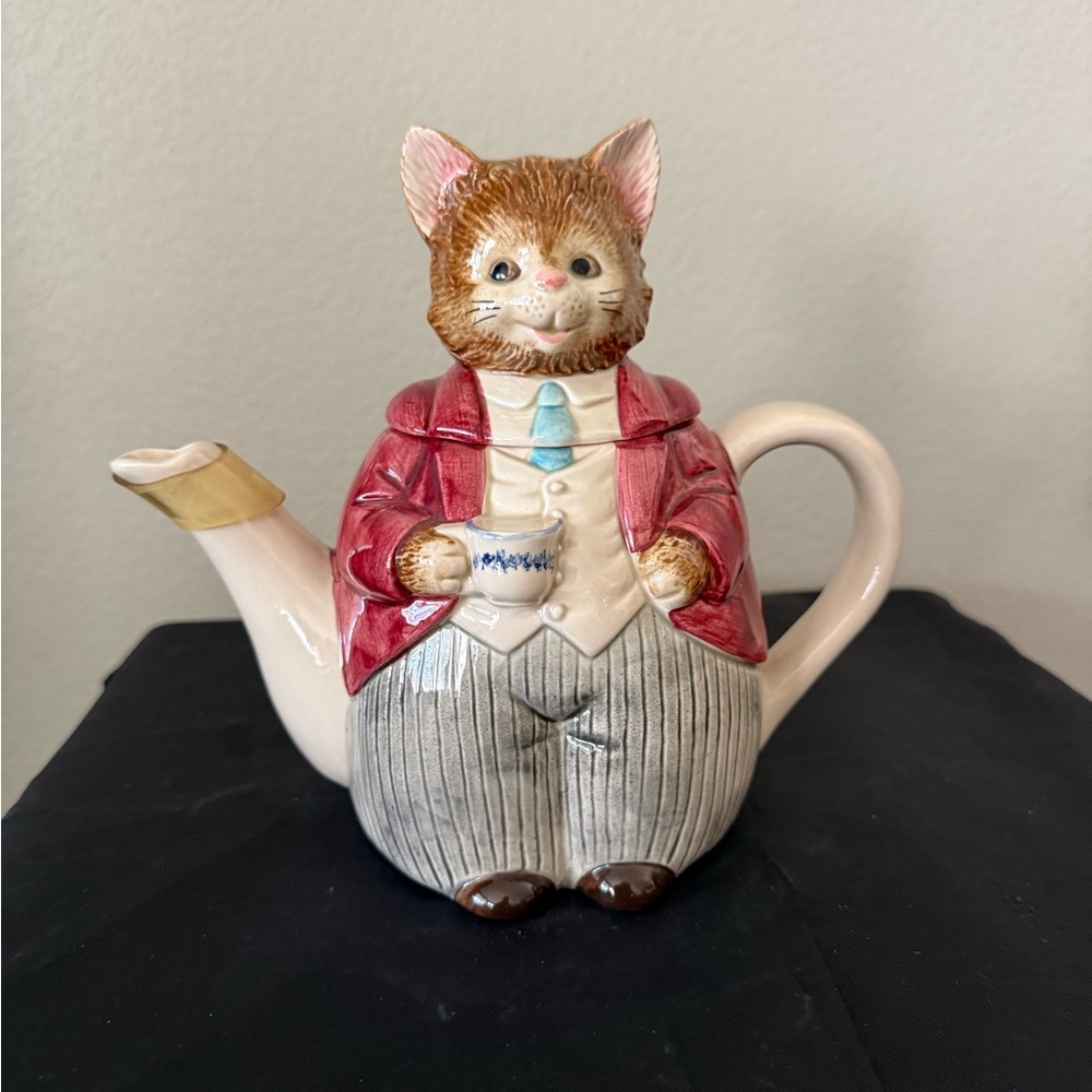 Otagiri Japan Vintage Mr Whiskers Teapot with Red Jacket and Blue Tie.